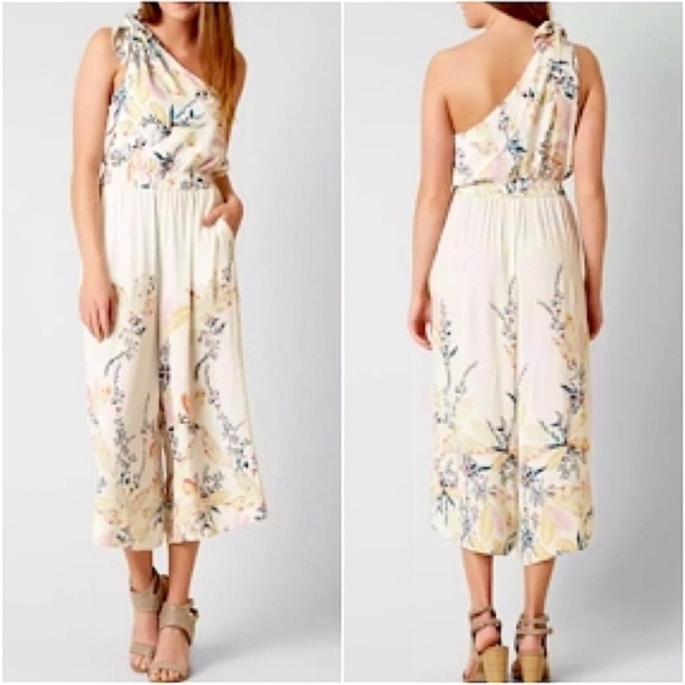 Free People Island Time One Shoulder Cropped Jumpsuit Wide Leg Cream Tropical M
